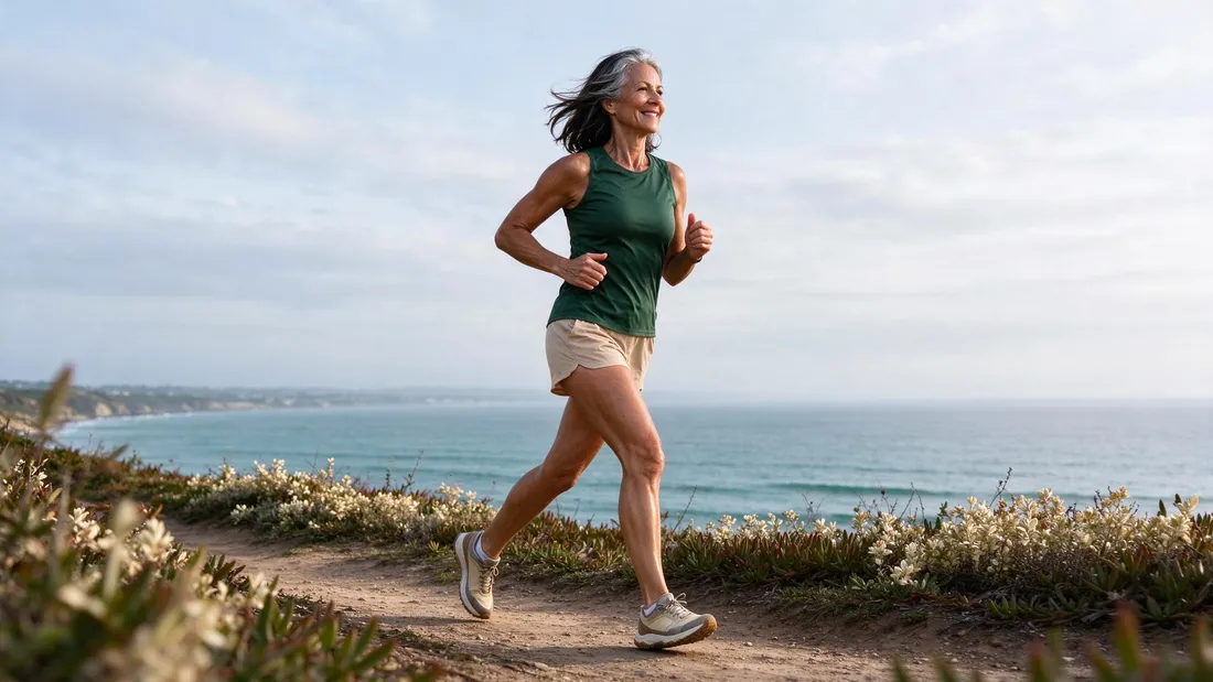 Mulher de cerca de 55 anos, cabelo escuro com fios grisalhos, em forma, de regata verde e short bege, corre sorrindo por uma trilha de terra no alto de uma falésia, com o mar ao fundo, numa manhã fresca.