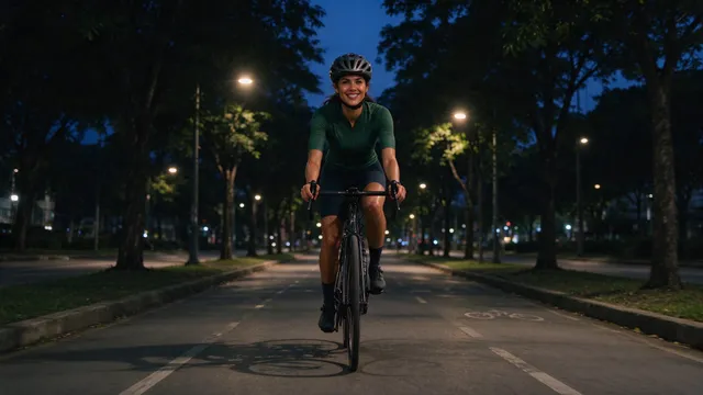 Mulher de cerca de 30 anos, atlética e em forma, de capacete e camisa verde de ciclismo, pedala sorrindo uma bicicleta de estrada por uma ciclovia arborizada, ao anoitecer, com postes de luz acesos ao fundo.