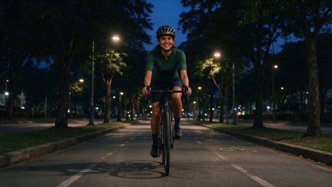 Mulher de cerca de 30 anos, atlética e em forma, de capacete e camisa verde de ciclismo, pedala sorrindo uma bicicleta de estrada por uma ciclovia arborizada, ao anoitecer, com postes de luz acesos ao fundo.