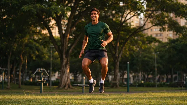 Homem de cerca de 35 anos, atlético e em forma, de camiseta verde, salta sorrindo em um parque arborizado, ao fim da tarde.
