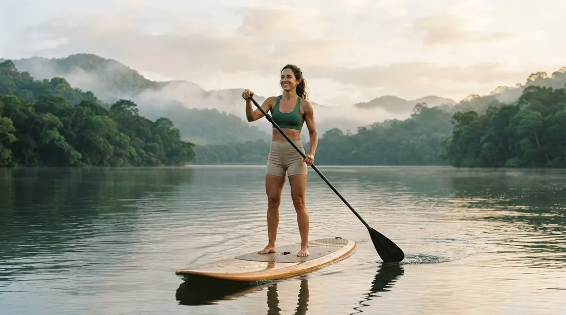 Mulher de cerca de 40 anos, magra e atlética, rema de pé em uma prancha de stand-up paddle num lago calmo cercado de mata e neblina.