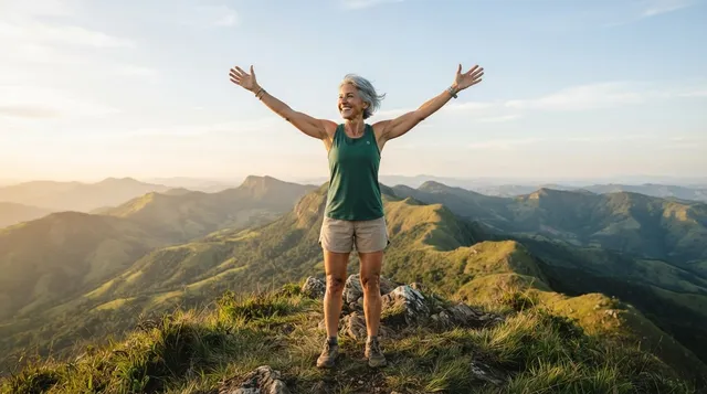 Mulher de cerca de 50 anos, cabelo grisalho curto e regata verde, comemora de braços abertos no cume de uma montanha, ao entardecer.