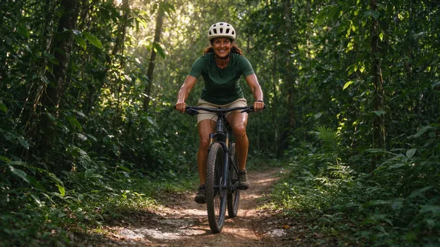 Mulher de quase 50 anos, forte e em forma, de capacete branco e camiseta verde, pedala sorrindo uma mountain bike por uma trilha de terra no meio da mata.